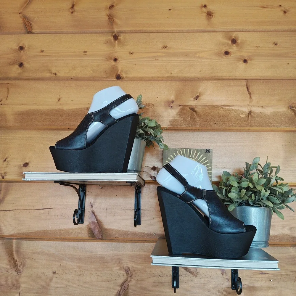Sbicca Vintage Collection Wooden Wedge Platform Sandals Boho Black Leather Sz 38